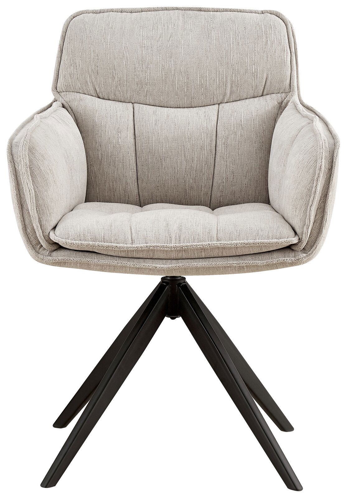 Frontansicht eines modernen Armlehnstuhls mit hellgrauem Stoffbezug und schwarzem Metallgestell.