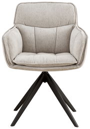 Frontansicht eines modernen Armlehnstuhls mit hellgrauem Stoffbezug und schwarzem Metallgestell.