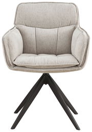 Frontansicht eines modernen Armlehnstuhls mit hellgrauem Stoffbezug und schwarzem Metallgestell.