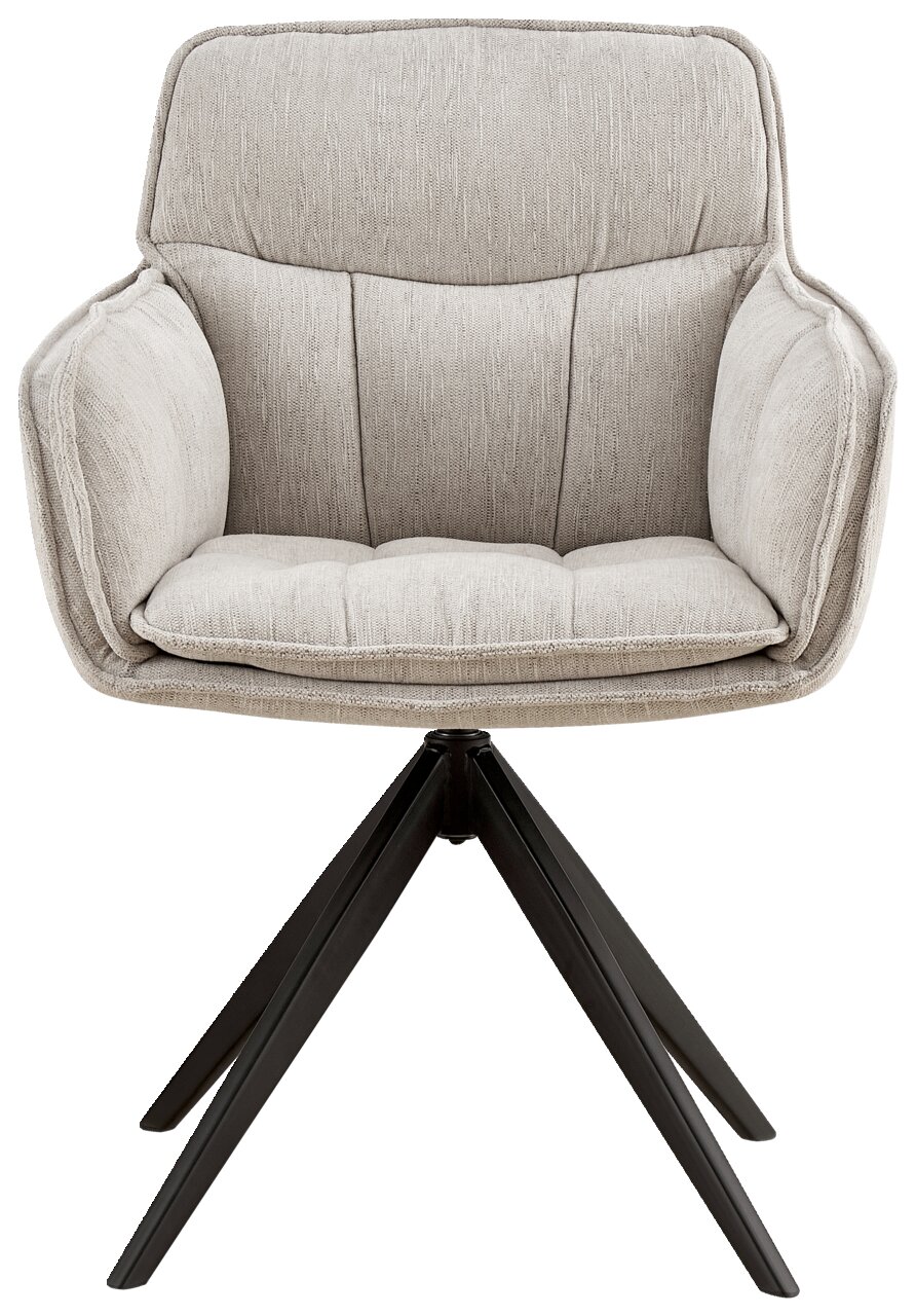 Vooraanzicht van een moderne fauteuil met een lichtgrijze stoffen bekleding en een zwart metalen frame.