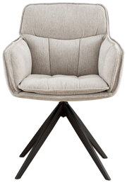 Vooraanzicht van een moderne fauteuil met een lichtgrijze stoffen bekleding en een zwart metalen frame.