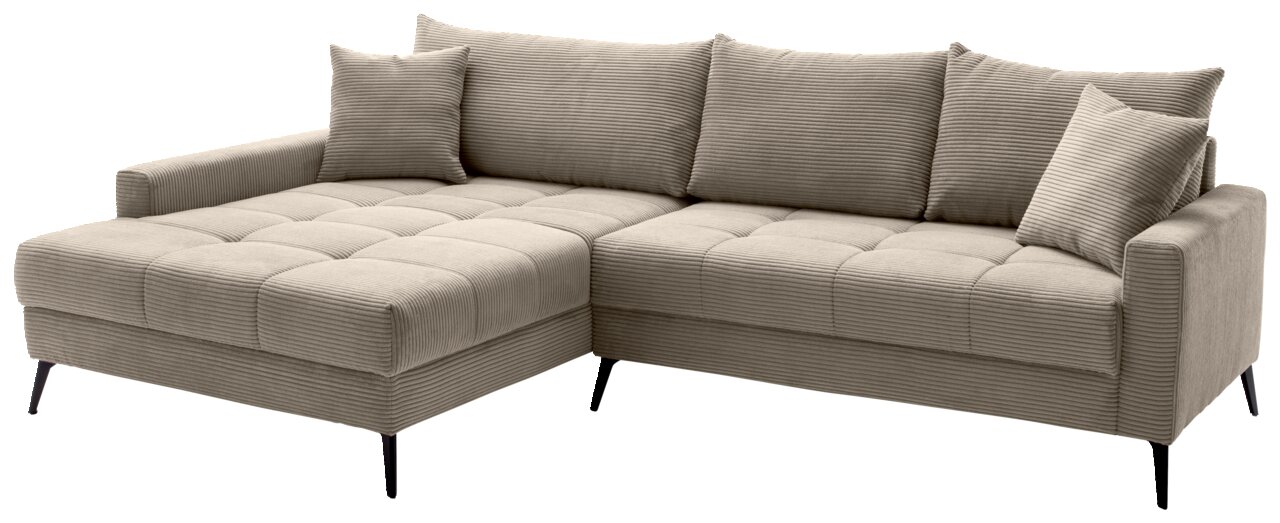 Hom´in Ecksofa SOFIA Beige Ecksofa mit linker Ottomane, geripptem Stoff und schwarzen Beinen, Perspektive von vorne links