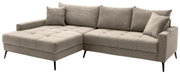 Beige Ecksofa mit linker Ottomane, geripptem Stoff und schwarzen Beinen, Perspektive von vorne links