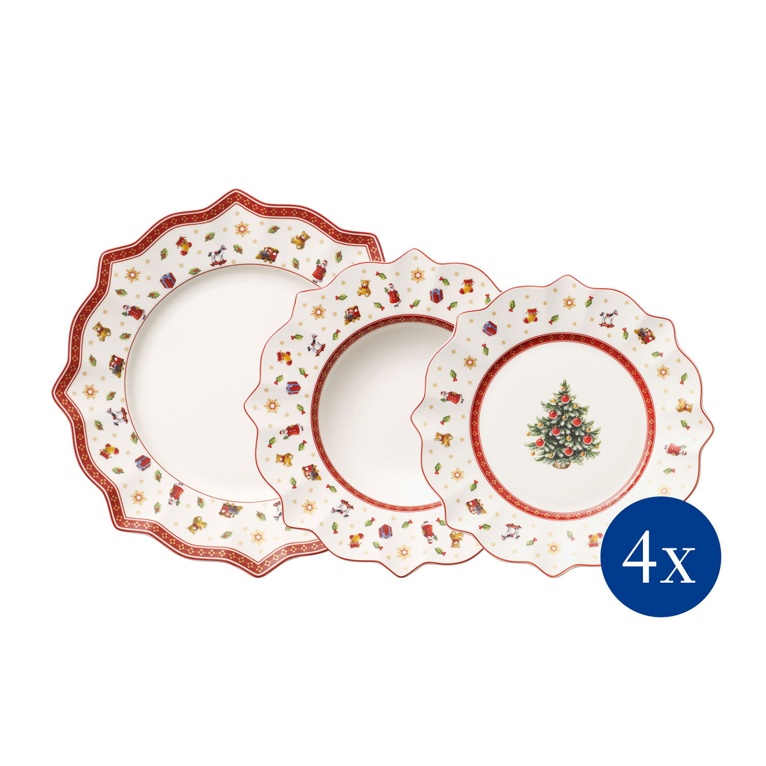 Dreiteiliges Teller-Set mit weihnachtlichem Design, bestehend aus Tellern mit roten Rändern und festlichen Motiven, darunter ein Weihnachtsbaum. Ansicht von oben.