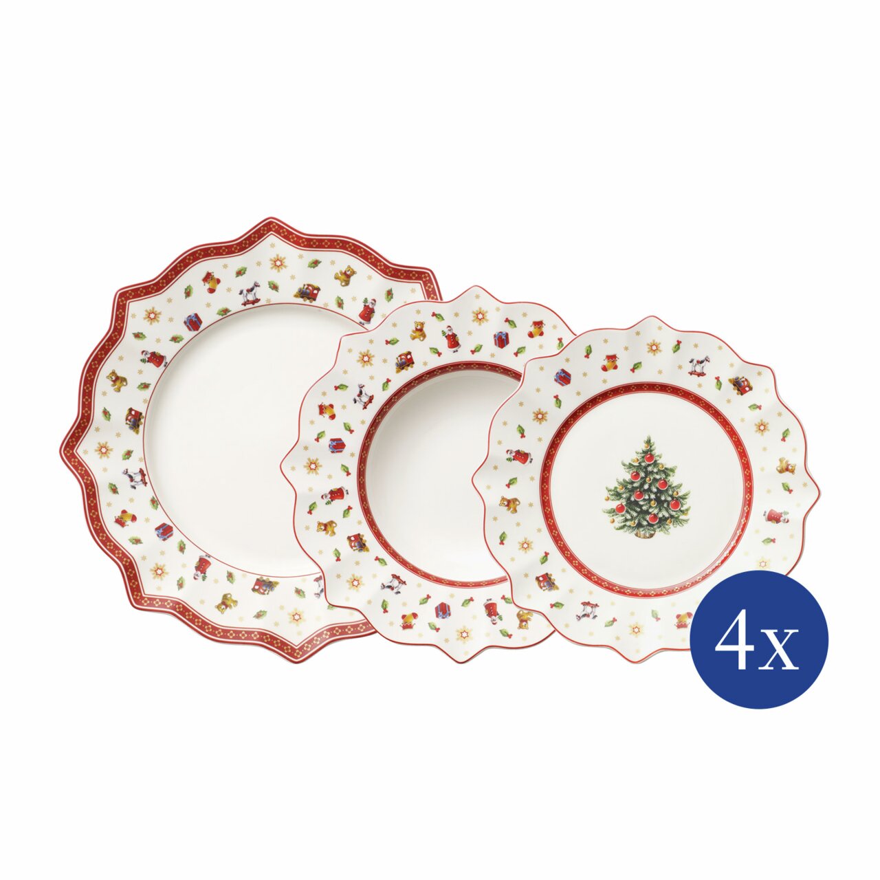 Villeroy & Boch Toy's Delight Teller-Set 12-teilig Dreiteiliges Teller-Set mit weihnachtlichem Design, bestehend aus Tellern mit roten Rändern und festlichen Motiven, darunter ein Weihnachtsbaum. Ansicht von oben.