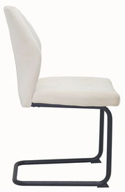 Seitenansicht eines modernen Schwingstuhls mit weißem Polster und schwarzem Metallgestell.