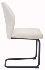 Seitenansicht eines modernen Schwingstuhls mit weißem Polster und schwarzem Metallgestell.