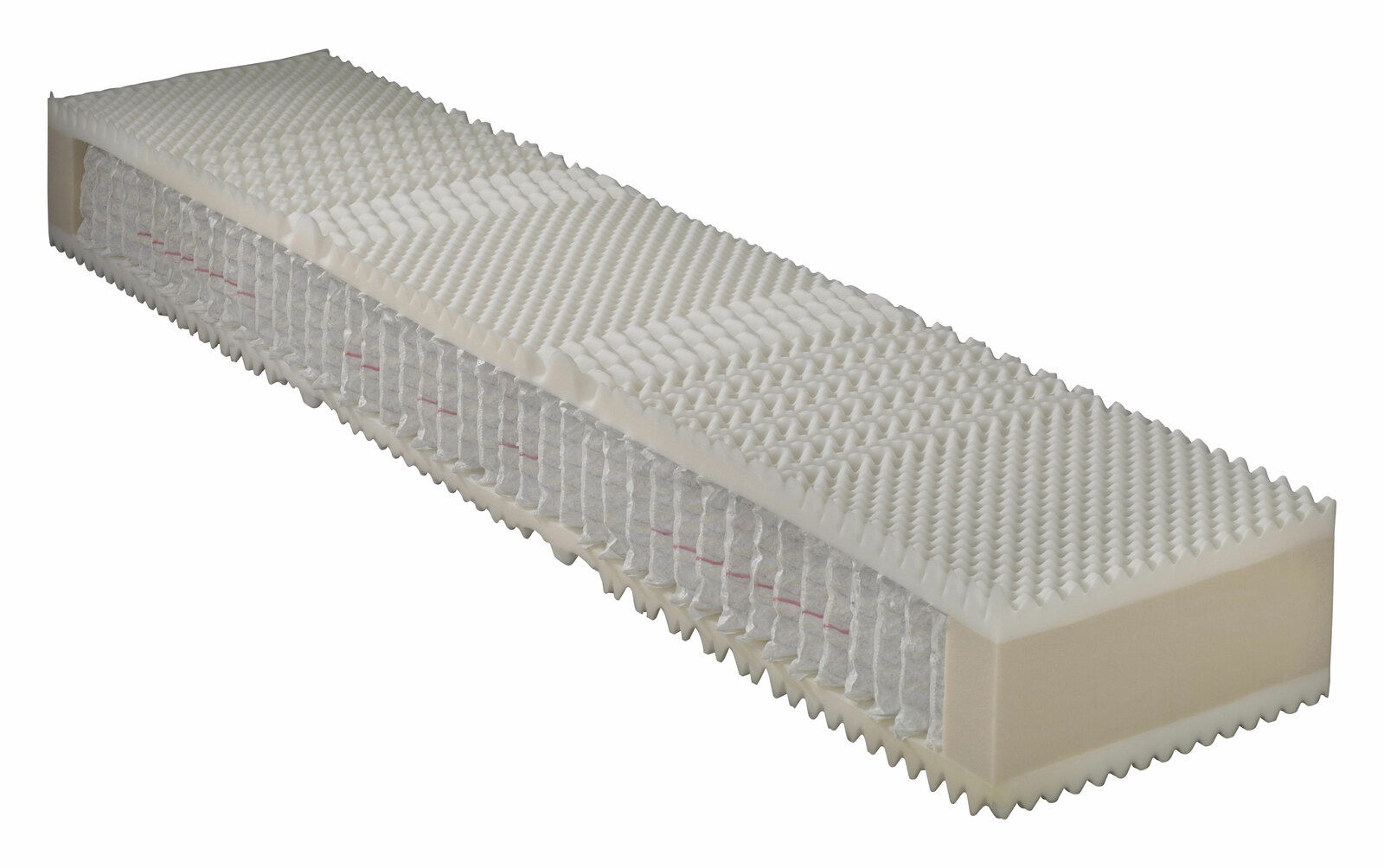 Taschenfederkernmatratze mit wellenförmiger Oberfläche, seitliche Perspektive