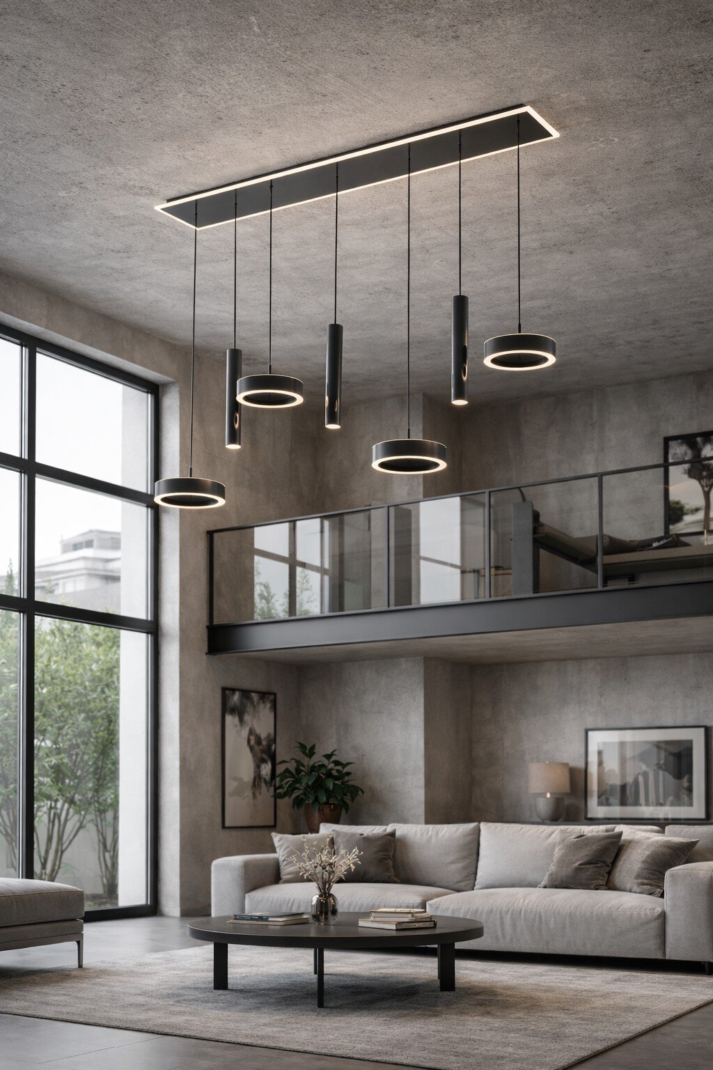 Moderne zwarte LED-hanglamp met meerdere ring- en cilindervormige lichtbronnen aan een langwerpige plafondplaat, vanuit onderaanzicht in een industriële woonkamer