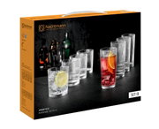 Nachtmann Aperitivo Barware Set (8-teilig) in Verpackung mit geriffelten Kristallgläsern, schräg von vorn links in leichter Draufsicht fotografiert