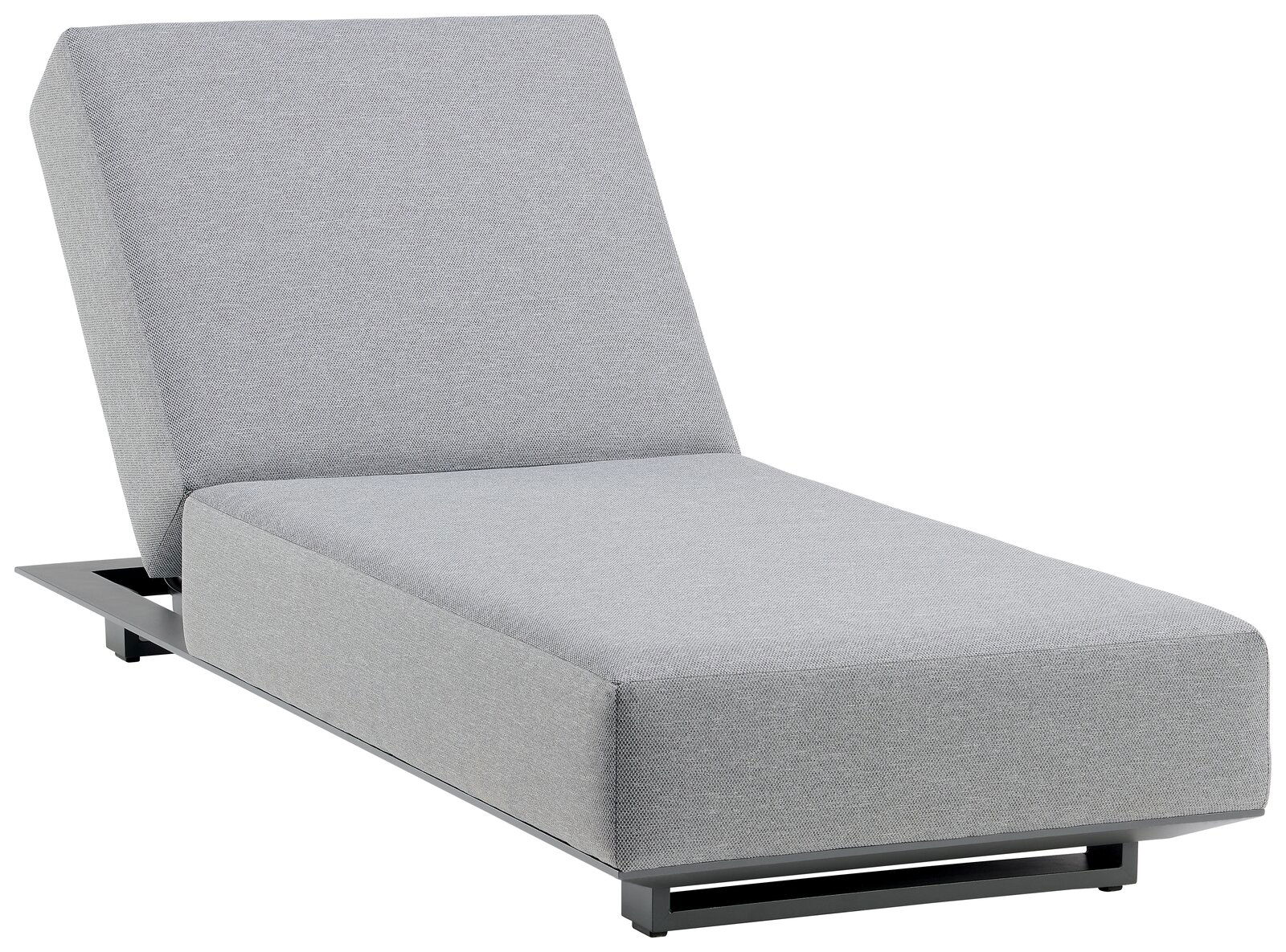 Graue Gartenliege mit verstellbarer Rückenlehne, seitliche Perspektive