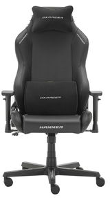 Frontansicht des DX Racer Gamingstuhls HAMMER in Schwarz mit Kopf- und Lendenkissen.
