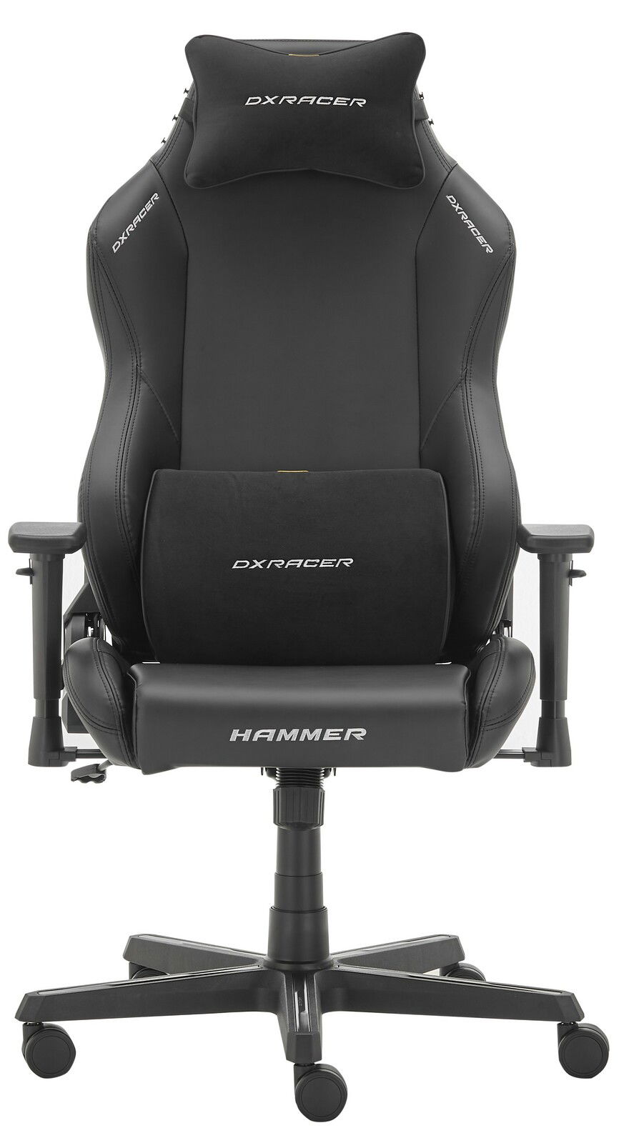 Frontansicht des DX Racer Gamingstuhls HAMMER in Schwarz mit Kopf- und Lendenkissen.