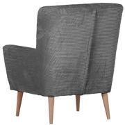 Grauer Sessel mit geripptem Cordbezug und hellen Holzbeinen, Ansicht schräg von hinten/seitlich.