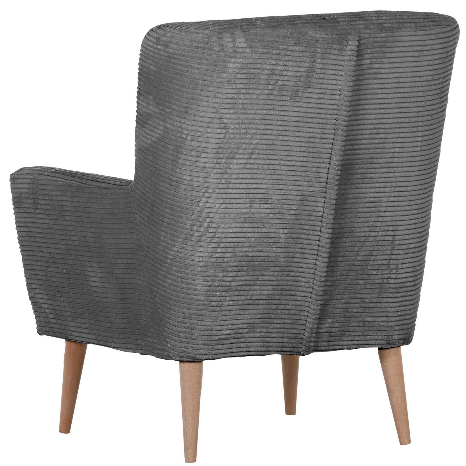Grauer Sessel mit geripptem Cordbezug und hellen Holzbeinen, Ansicht schräg von hinten/seitlich.