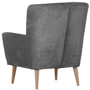 Grauer Sessel mit geripptem Cordbezug und hellen Holzbeinen, Ansicht schräg von hinten/seitlich.