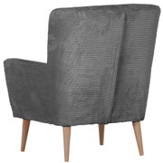 Grijze fauteuil met geribbelde corduroy bekleding en lichte houten poten, schuin van achteren/opzij gezien.