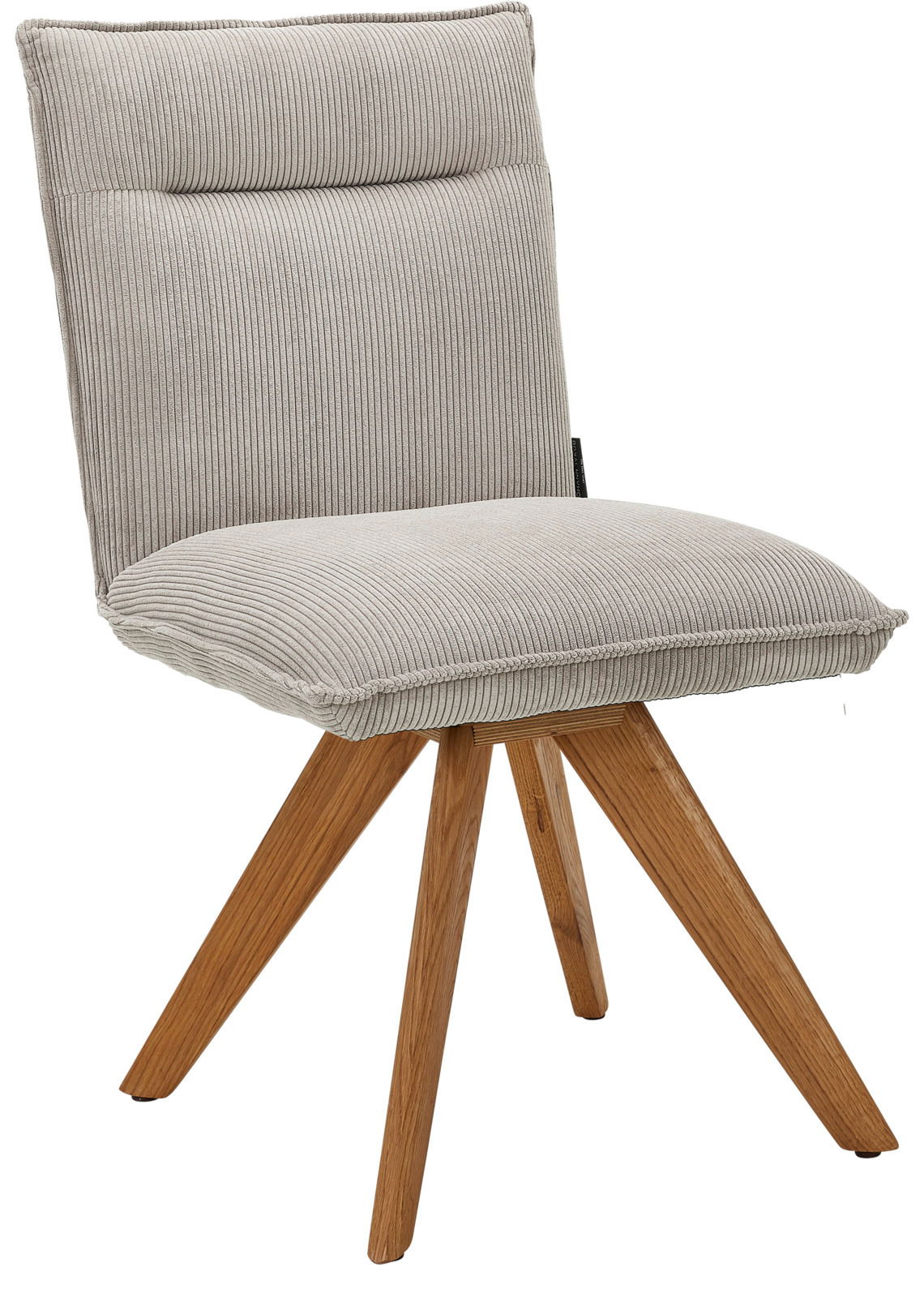 Moderner Stuhl mit hellgrauem, geripptem Stoffbezug und Holzbeinen, seitliche Perspektive
