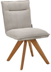 Moderner Stuhl mit hellgrauem, geripptem Stoffbezug und Holzbeinen, seitliche Perspektive