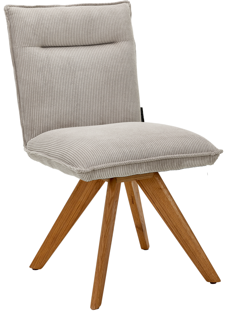 Johann Jakob Stuhl CALAS Moderner Stuhl mit hellgrauem, geripptem Stoffbezug und Holzbeinen, seitliche Perspektive
