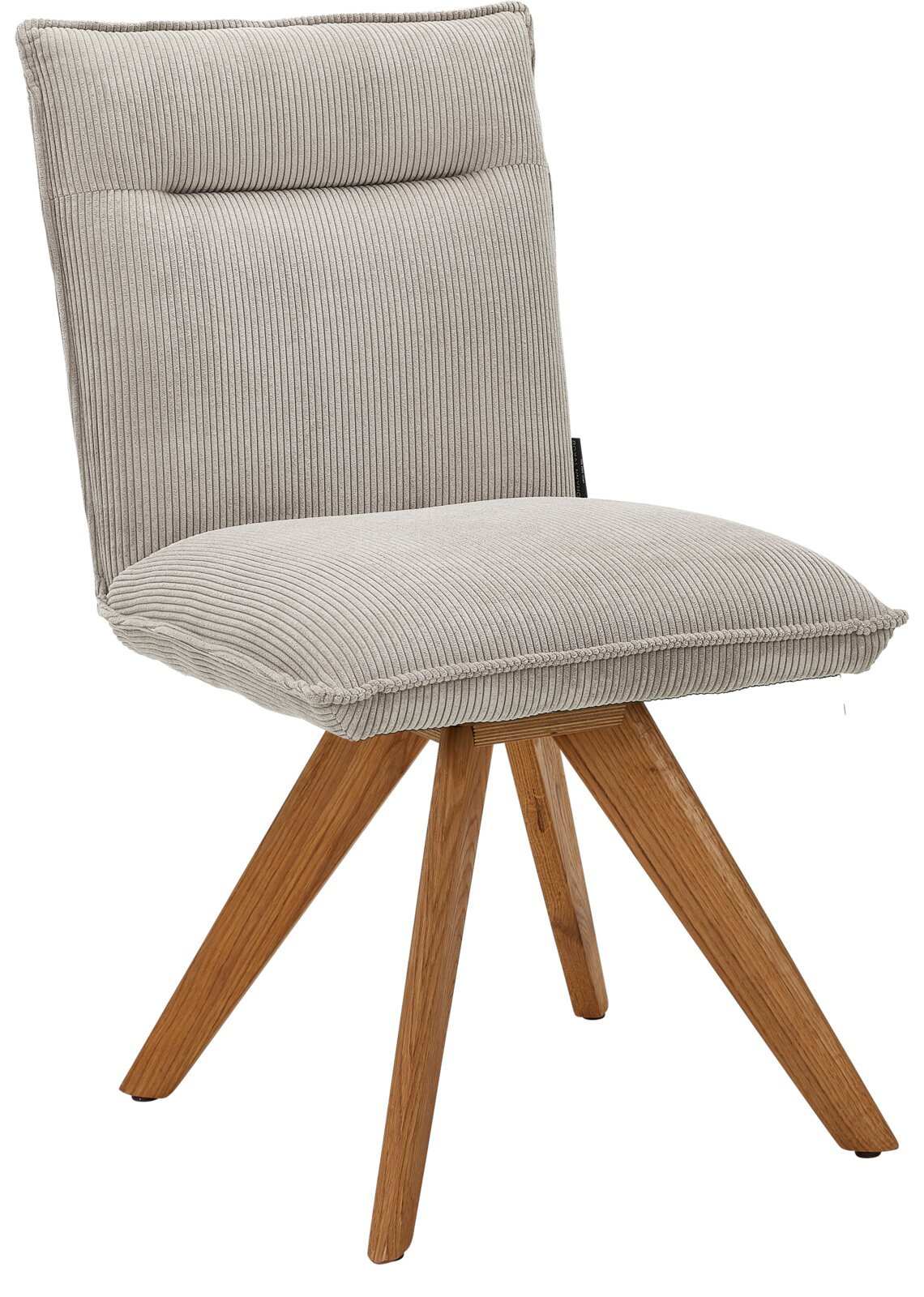 Johann Jakob Stuhl CALAS Moderner Stuhl mit hellgrauem, geripptem Stoffbezug und Holzbeinen, seitliche Perspektive