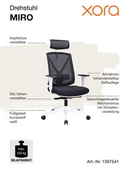 Ergonomischer Drehstuhl mit verstellbarer Kopfstütze, höhenverstellbaren Armlehnen und Sitz, weißem Kunststofffußgestell, aus seitlicher Perspektive.