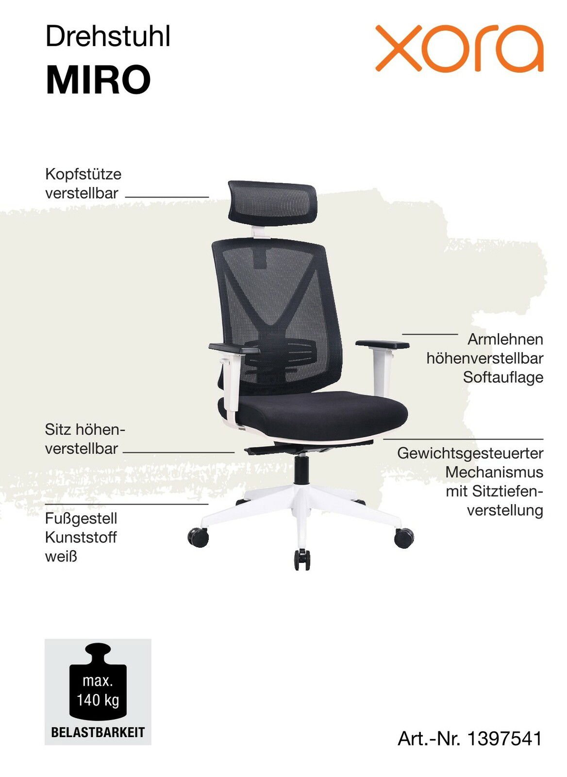 Ergonomischer Drehstuhl mit verstellbarer Kopfstütze, höhenverstellbaren Armlehnen und Sitz, weißem Kunststofffußgestell, aus seitlicher Perspektive.