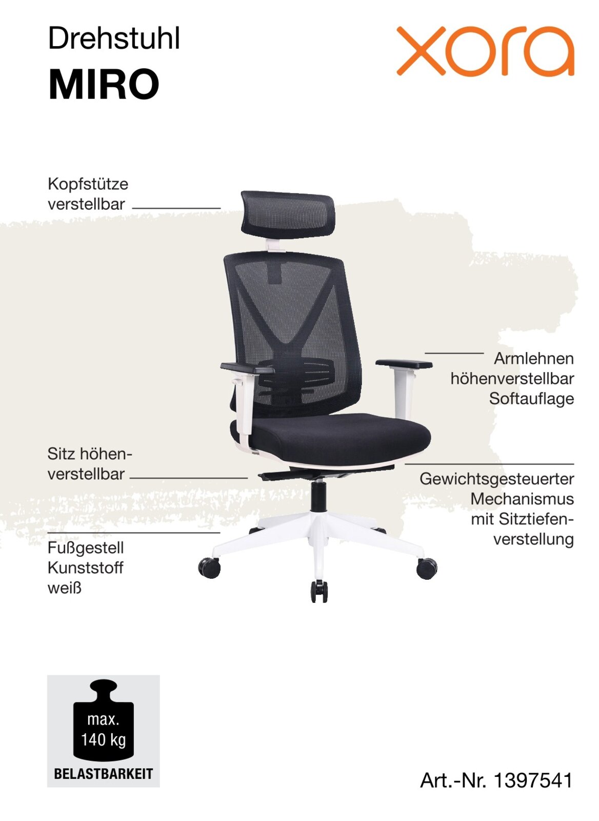 Ergonomische draaistoel met verstelbare hoofdsteun, in hoogte verstelbare armleuningen en zitting, en een wit kunststof onderstel, gezien vanaf de zijkant.
