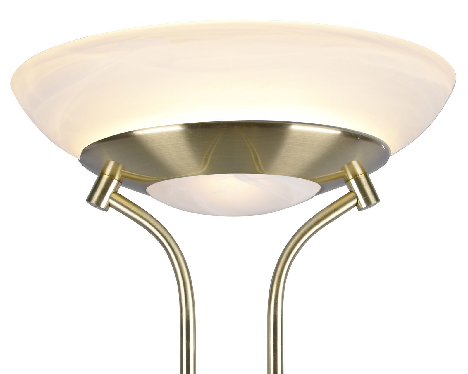 Nahaufnahme eines LED-Fluters mit gebürstetem Messing-Finish und weißem Lampenschirm, von unten betrachtet.