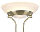 Nahaufnahme eines LED-Fluters mit gebürstetem Messing-Finish und weißem Lampenschirm, von unten betrachtet.