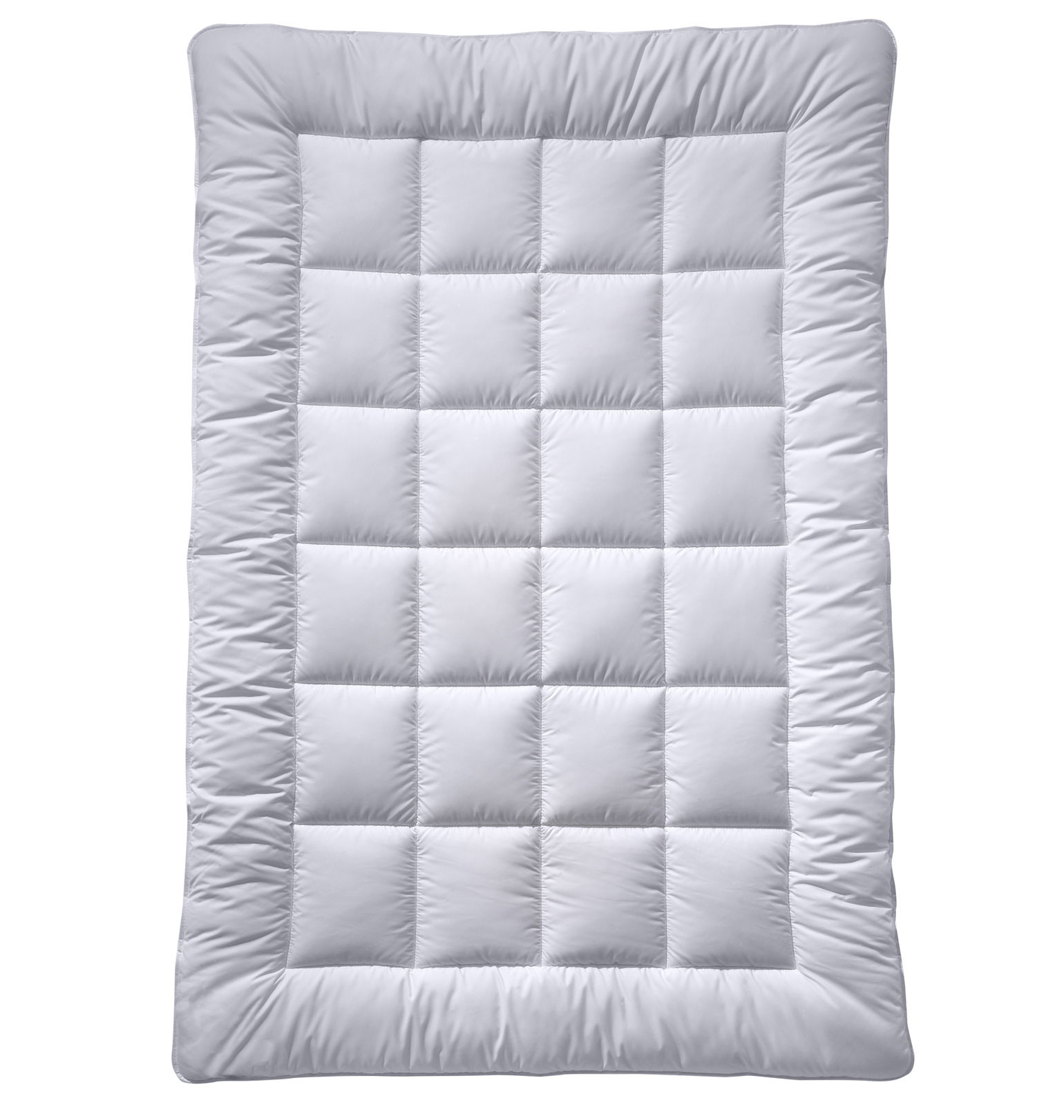 Vogelperspektive auf eine weiße, gesteppte Faserdecke, die als Star Faserdecke Unobillerbeck Bettdecke UNO WASH bekannt ist.