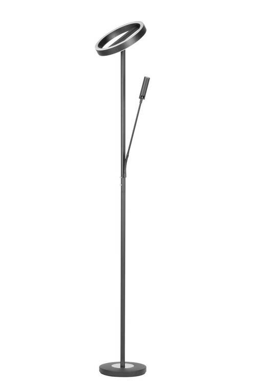Moderner LED-Deckenfluter in schwarzem Design, seitliche Perspektive