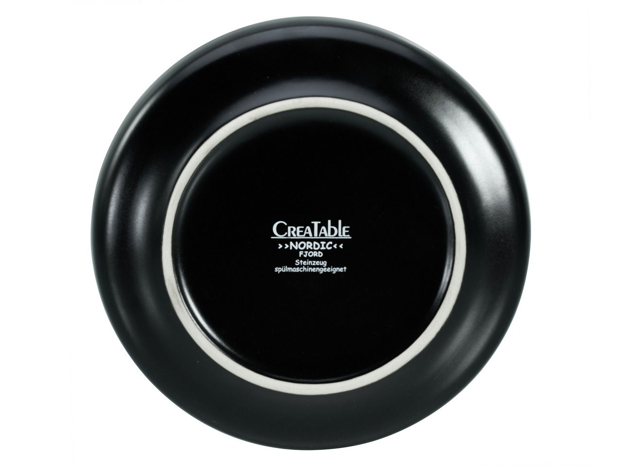 Rückansicht eines schwarzen Tellers mit der Aufschrift 'Creatable Nordic'.