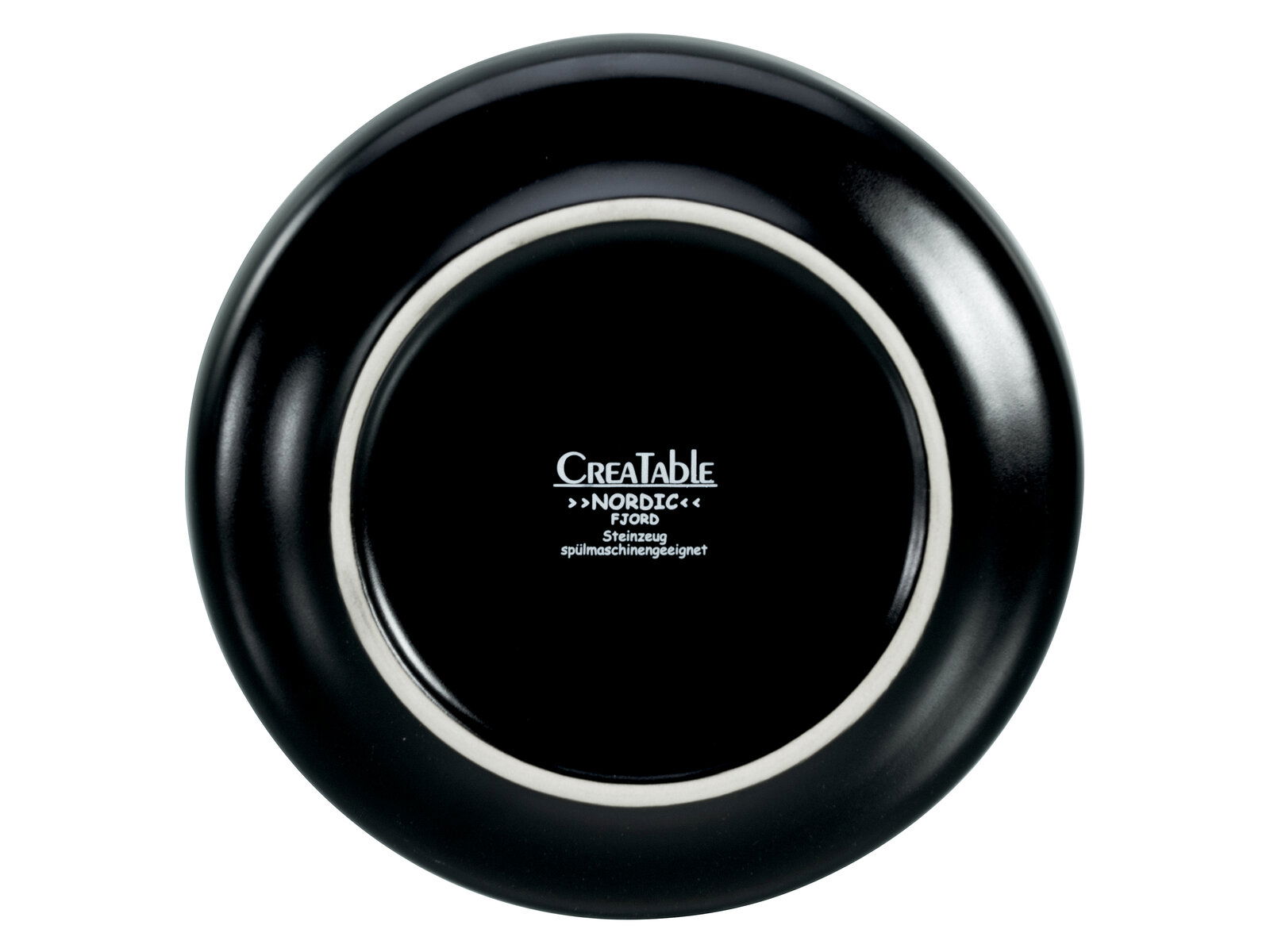 Rückansicht eines schwarzen Tellers mit der Aufschrift 'Creatable Nordic'.