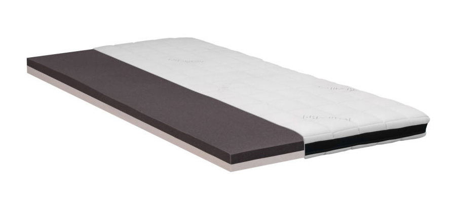 Intro Viscotopper TOPPER Viscotopper in seitlicher Perspektive mit mehrschichtigem Aufbau, bestehend aus einer weißen, gesteppten Oberfläche und einer dunklen Schicht darunter.