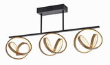Moderne Deckenleuchte mit drei goldenen, ringförmigen LED-Elementen, seitliche Perspektive