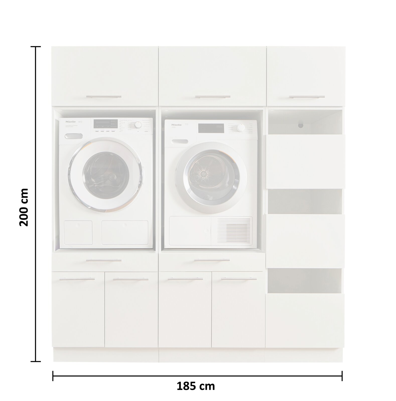 Weiße Waschküchen-Schrankwand mit integrierter Frontlader-Waschmaschine und Trockner, rechts Schubladen und Oberschränke, Maßangaben 200 cm Höhe und 185 cm Breite, Frontalansicht.