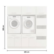 Weiße Waschküchen-Schrankwand mit integrierter Frontlader-Waschmaschine und Trockner, rechts Schubladen und Oberschränke, Maßangaben 200 cm Höhe und 185 cm Breite, Frontalansicht.