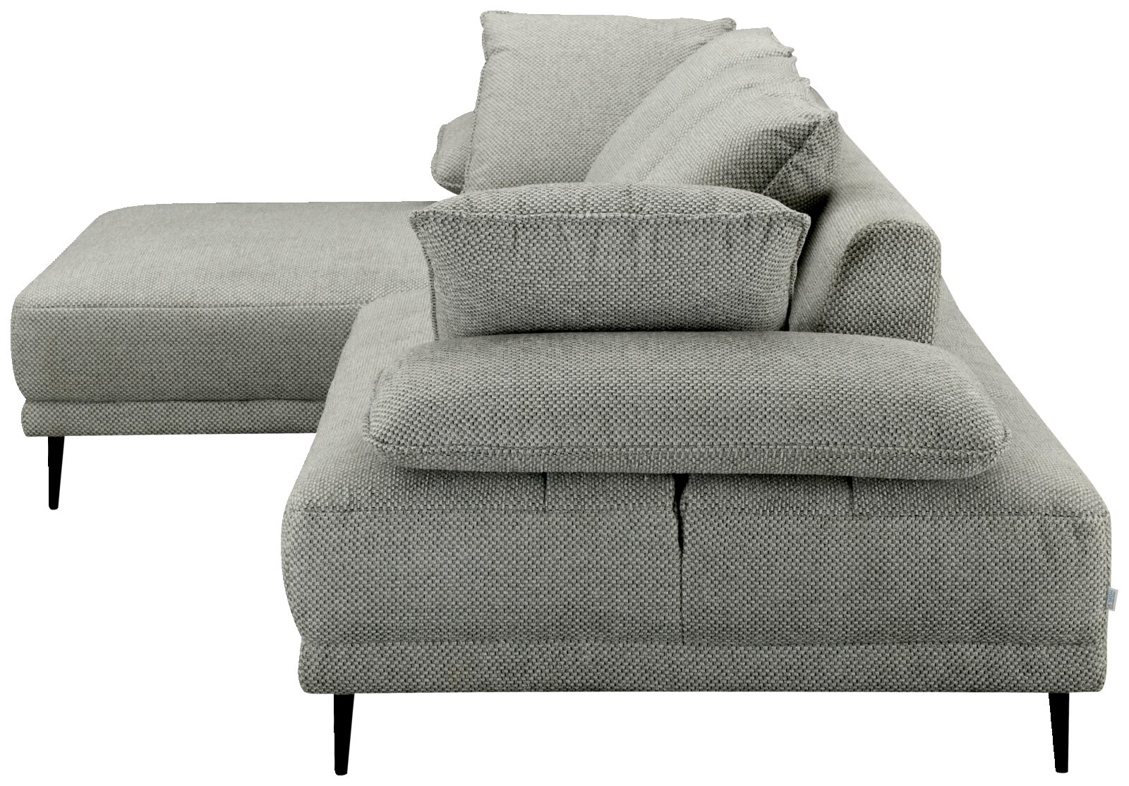 Seitliche Ansicht eines modernen, grauen Ecksofas mit texturierter Oberfläche und schwarzen Beinen.