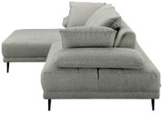 Seitliche Ansicht eines modernen, grauen Ecksofas mit texturierter Oberfläche und schwarzen Beinen.