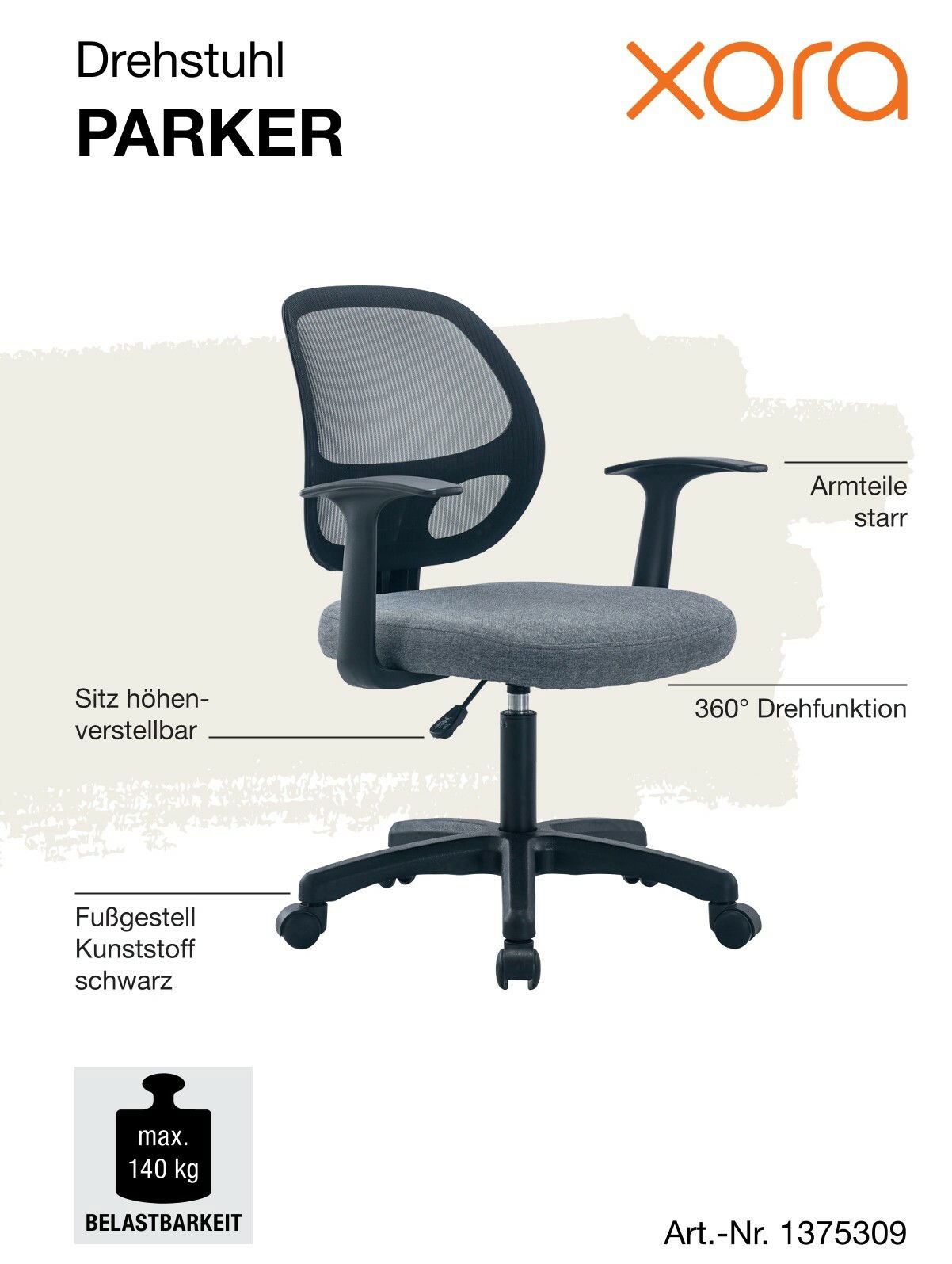 Bürostuhl mit grauem Sitz und schwarzem Netzrücken, seitliche Ansicht, höhenverstellbar, 360° Drehfunktion, starre Armlehnen, schwarzes Kunststoff-Fußgestell, max. Belastbarkeit 140 kg.