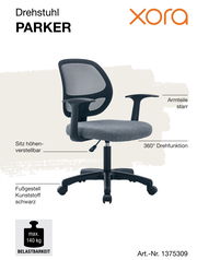 Bürostuhl mit grauem Sitz und schwarzem Netzrücken, seitliche Ansicht, höhenverstellbar, 360° Drehfunktion, starre Armlehnen, schwarzes Kunststoff-Fußgestell, max. Belastbarkeit 140 kg.