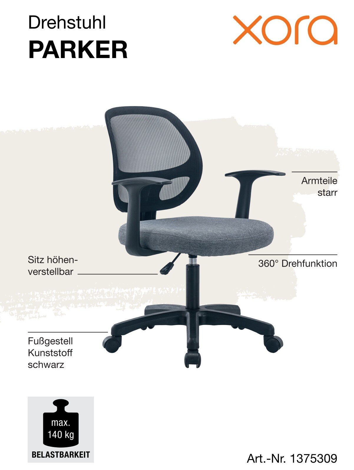 Bürostuhl mit grauem Sitz und schwarzem Netzrücken, seitliche Ansicht, höhenverstellbar, 360° Drehfunktion, starre Armlehnen, schwarzes Kunststoff-Fußgestell, max. Belastbarkeit 140 kg.