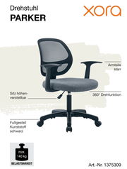 Bürostuhl mit grauem Sitz und schwarzem Netzrücken, seitliche Ansicht, höhenverstellbar, 360° Drehfunktion, starre Armlehnen, schwarzes Kunststoff-Fußgestell, max. Belastbarkeit 140 kg.