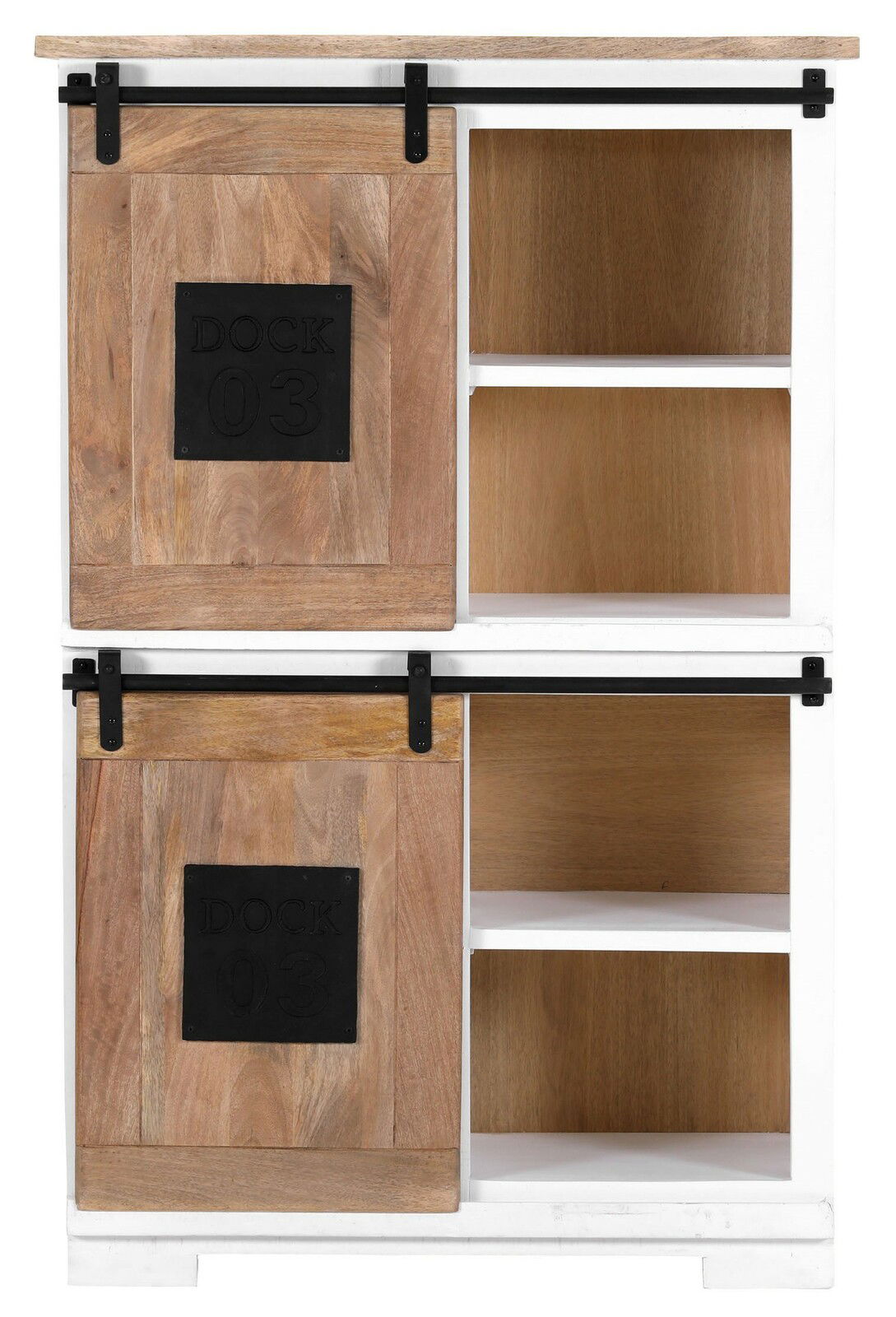 Frontansicht eines Highboards mit Schiebetüren aus Holz und Metallbeschlägen, Modell DOCK 03, mit offenen Regalfächern.