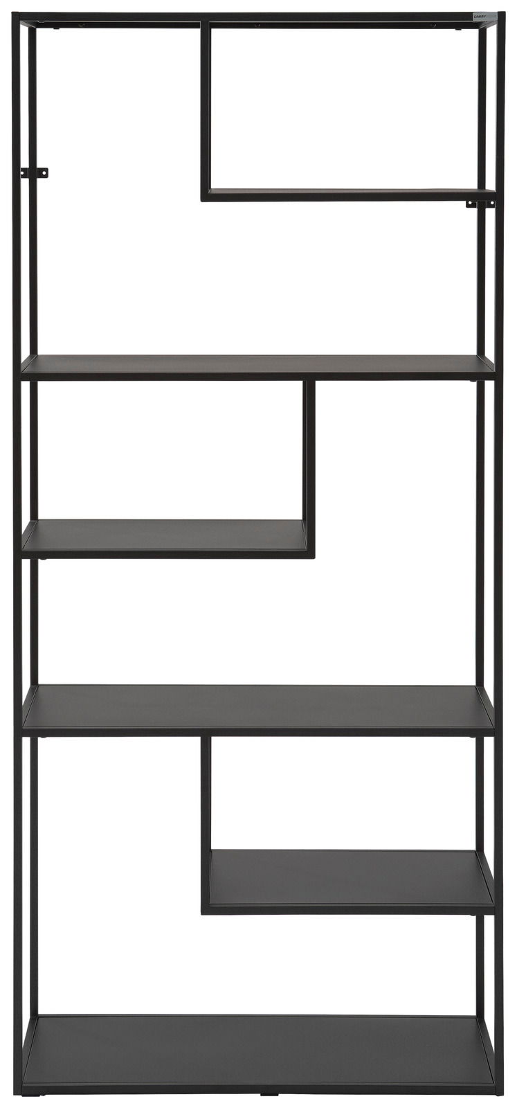 Modernes, hohes Regal aus schwarzem Metall mit asymmetrischen Fächern, Frontalansicht.