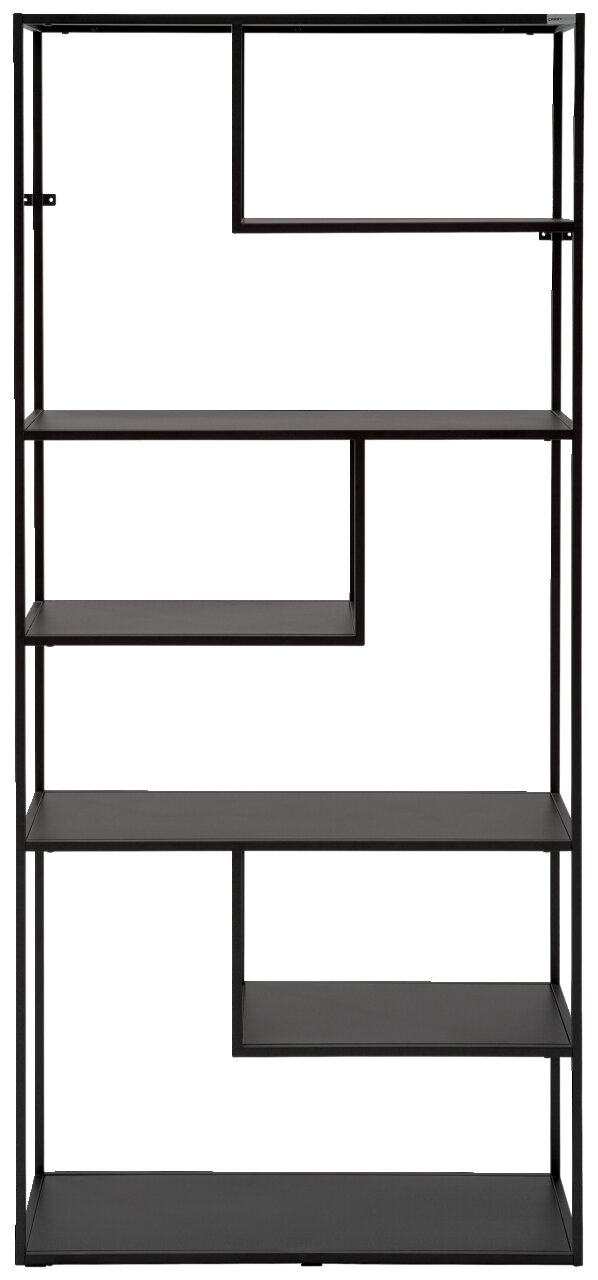 Modernes, hohes Regal aus schwarzem Metall mit asymmetrischen Fächern, Frontalansicht.