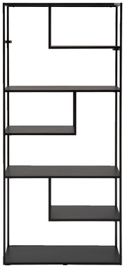 Modernes, hohes Regal aus schwarzem Metall mit asymmetrischen Fächern, Frontalansicht.