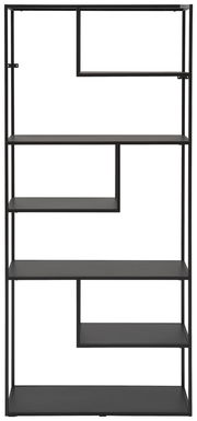Modernes, hohes Regal aus schwarzem Metall mit asymmetrischen Fächern, Frontalansicht.