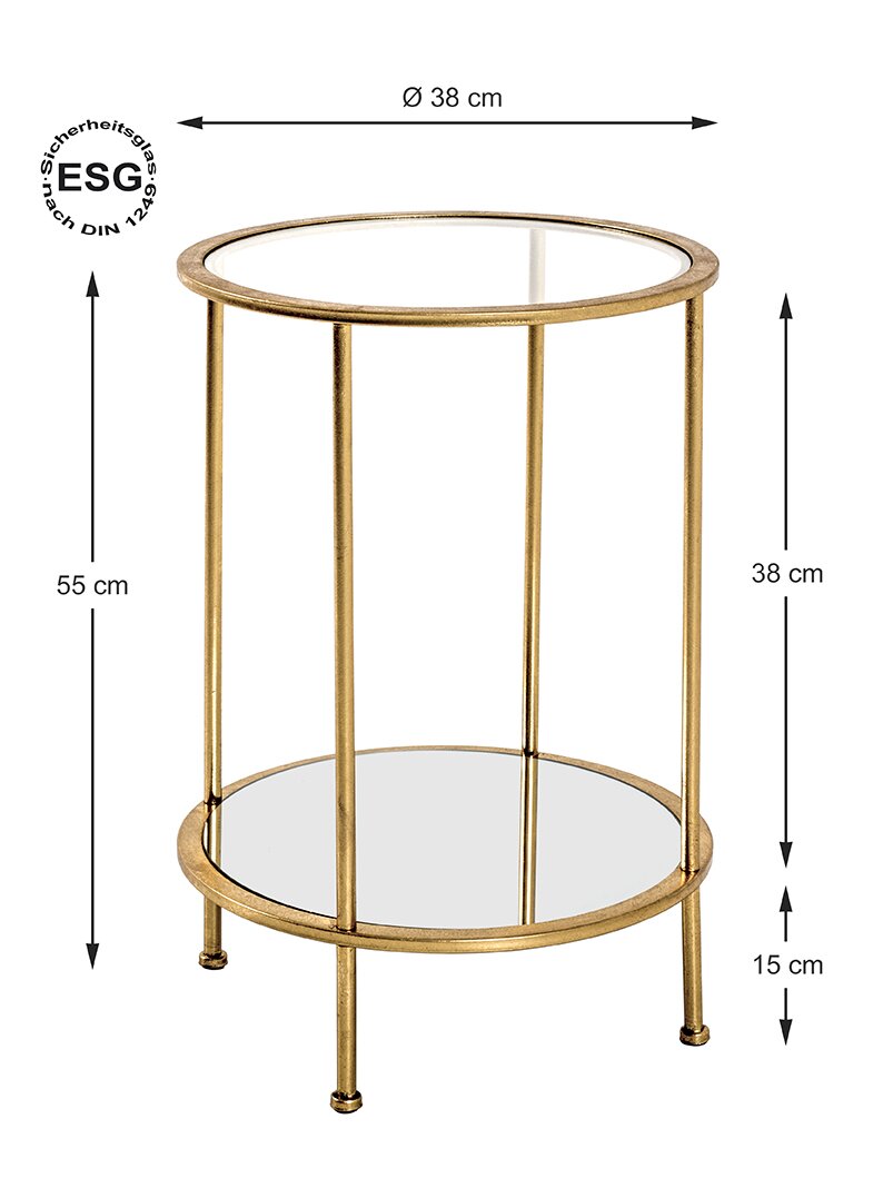 Runder Beistelltisch in Goldoptik mit zwei ESG-Glasablagen (oben und unten), Durchmesser 38 cm und Höhe 55 cm, freigestellt auf weißem Hintergrund, in leicht schräger Vorderansicht.